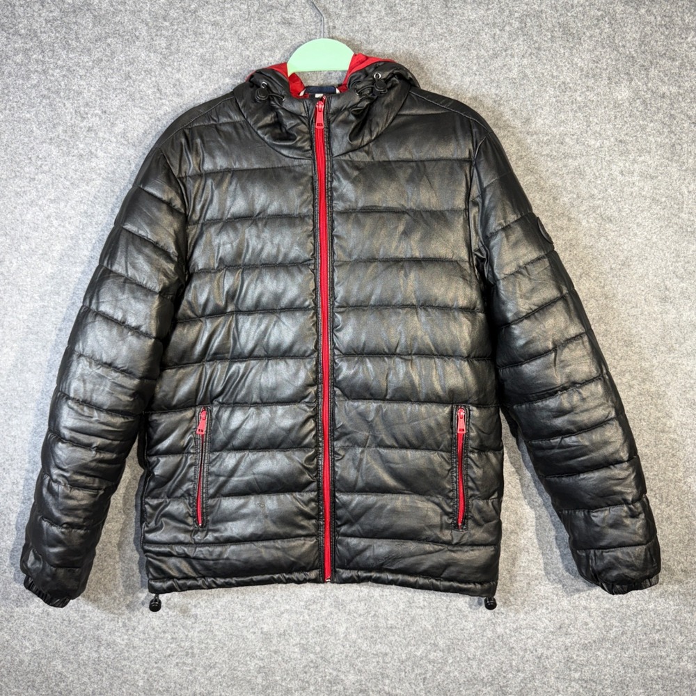 Cole Haan Signature Mens Black Puffer Jacket Hooded Zip‎ Front Red Trim Size S